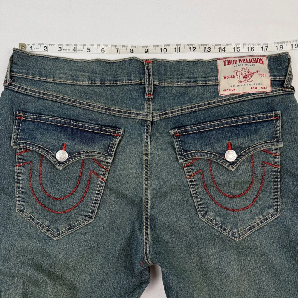 True Religion Geno Big T Flap Slim Jeans Medium Steamy Wash Red Stitch 36X32 NEW